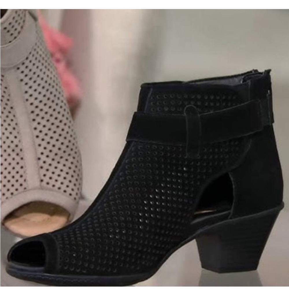 Earth Black Perforated Suede Peep-Toe Ankle Booties